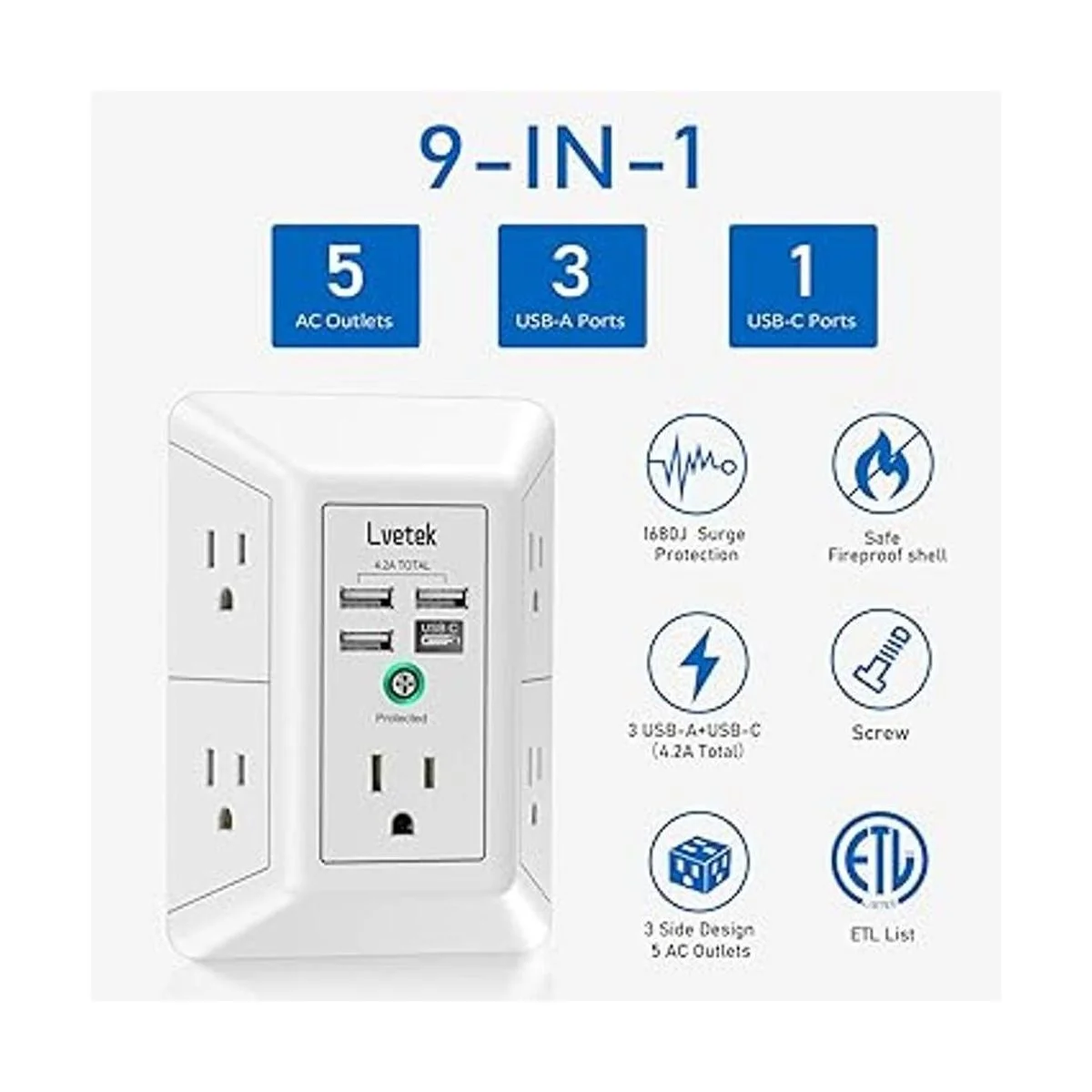 LVETEK Cargador de pared USB protector de sobretensión_3