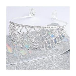 CAVETEE Corona y banda de plata para cumpleaños tiara y_6