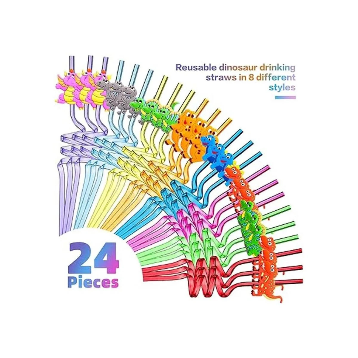 24 pajitas reutilizables de dinosaurio de plástico para_2