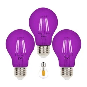 Paquete de 3 bombillas LED de filamento A19 moradas Base_1