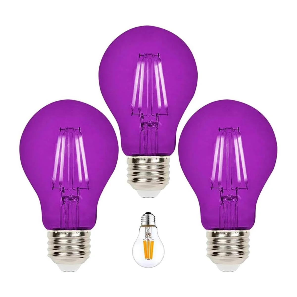 Paquete de 3 bombillas LED de filamento A19 moradas Base_1