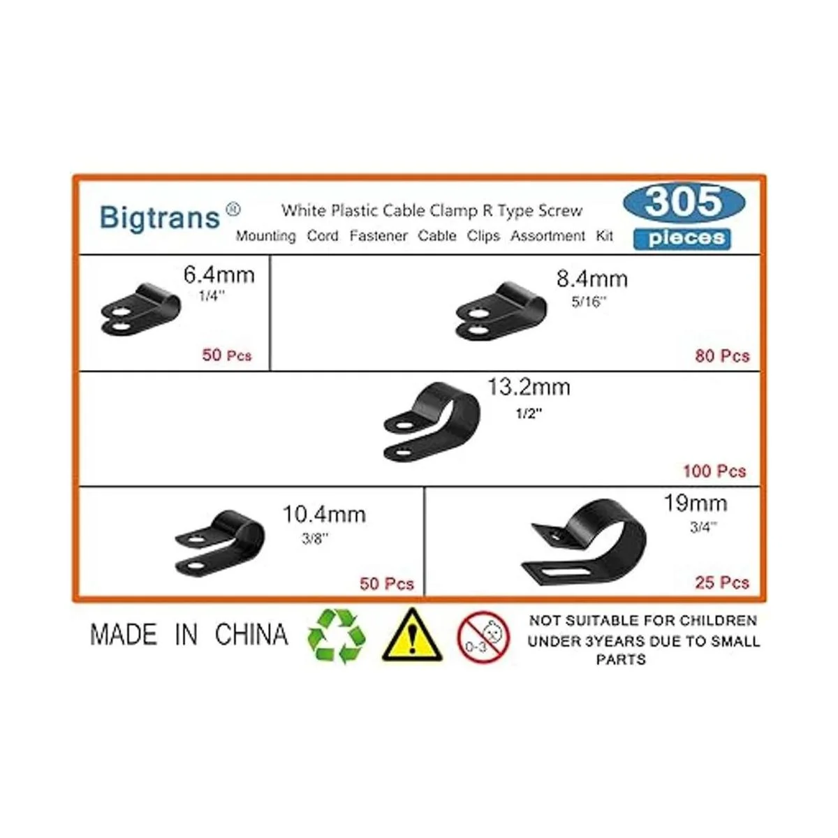 Bigtrans 305 clips de alambre de plástico tipo R de 14_2