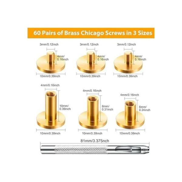 60 pares de 3 tamaños de latón Chicago tornillos de cuero_2