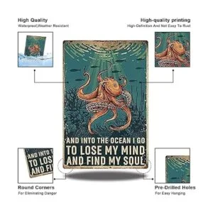 Placa de metal de pulpo y en el océano I Go to Lose My_4