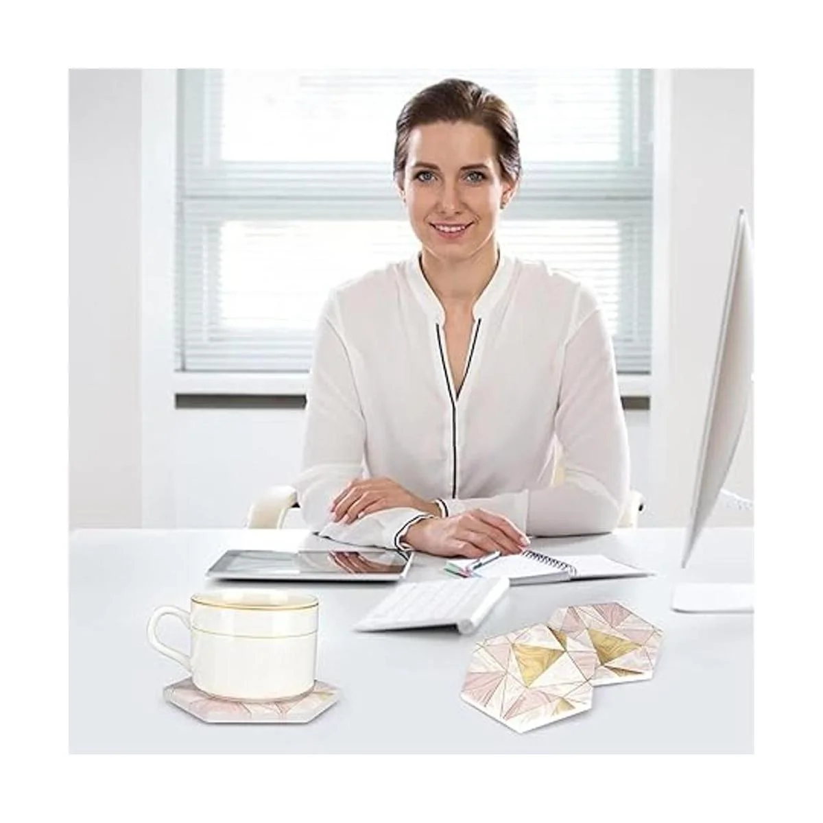 Juego de 6 posavasos de mármol rosa con soporte para_4