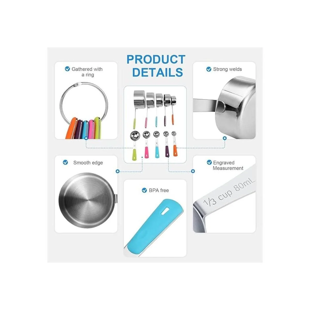 BOPEI Juego de 11 tazas y cucharas medidoras de acero_4