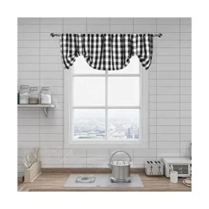 Cortinas de cenefa con lazo a cuadros negros y blancos_1