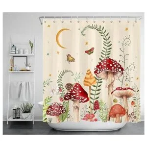 EOBTAIN Cortina de ducha con hongos retro diseño de_2