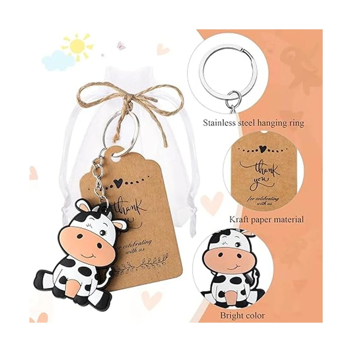 36 llaveros de vaca y 36 etiquetas de agradecimiento Kraft_3