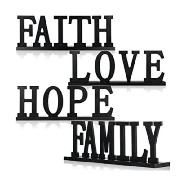 Letrero de madera con texto en inglés Love Faith Hope_1