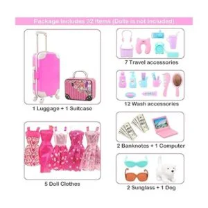 BARWA 32 piezas de equipaje de muñeca ropa de viaje y_3