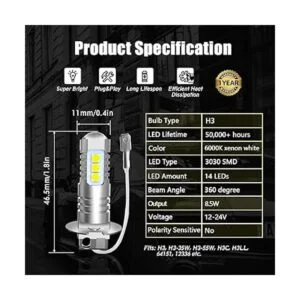 BRISHINE Bombillas LED antiniebla H3 de 6000 K blanco_6