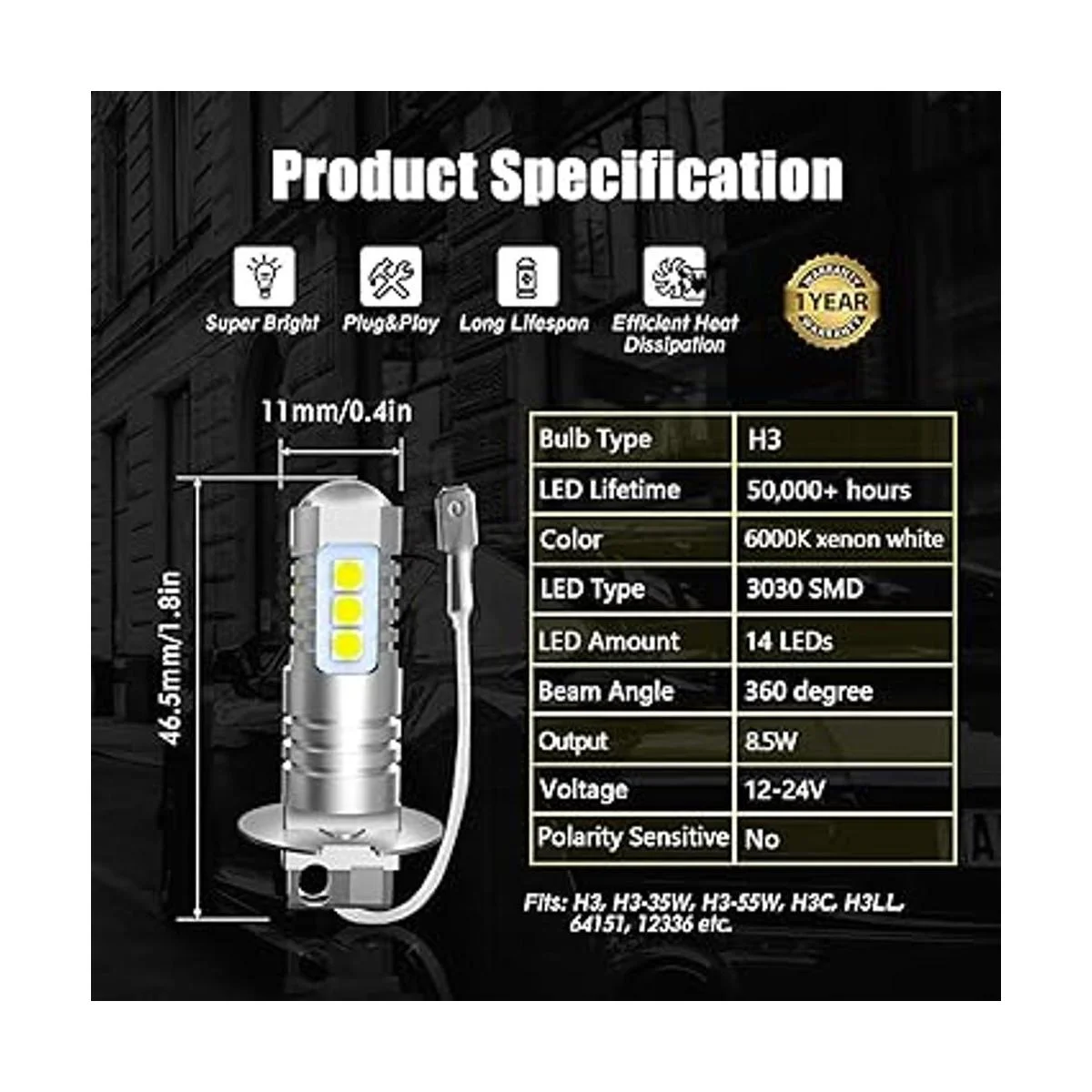 BRISHINE Bombillas LED antiniebla H3 de 6000 K blanco_6