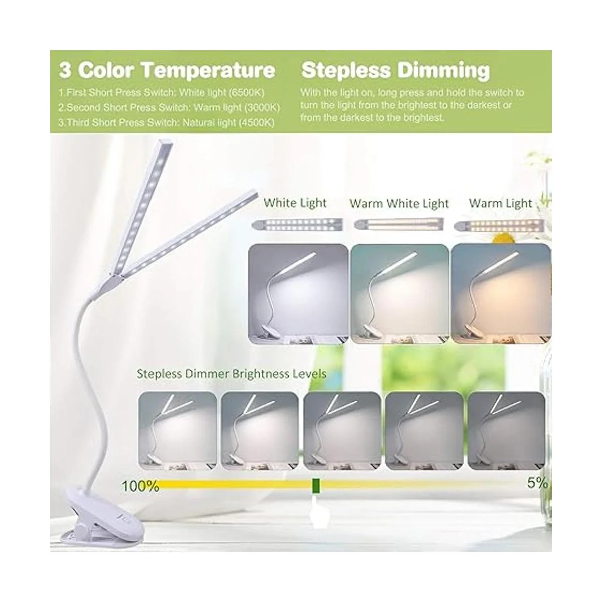 Deaunbr Luz de lectura LED con clip lámpara de_3