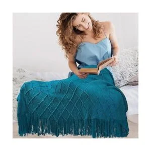 PAVILIA Manta de punto con flecos verde azulado_6