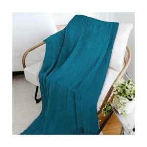 PAVILIA Manta de punto con flecos verde azulado_7