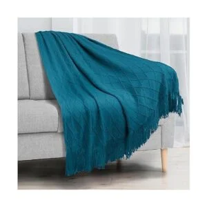 PAVILIA Manta de punto con flecos verde azulado_2