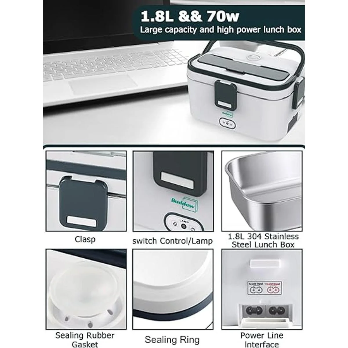 Buddew Lonchera eléctrica de 70 W calentador de_4