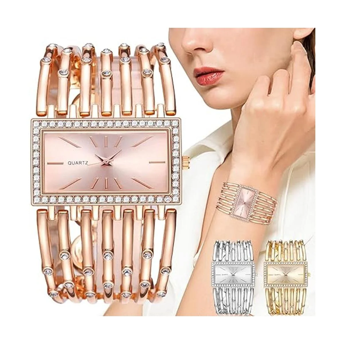 Reloj rectangular de diamante único para mujer pulsera de_5