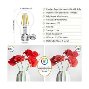 Bombilla LED Edison regulable con base E26 A19 4W_3