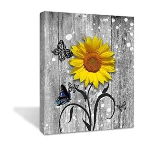 Arte de pared de mariposa de girasol en la pared de madera_1
