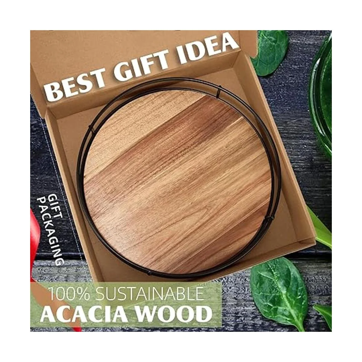 Tocadiscos de madera de acacia Lazy Susan de 12.5_2