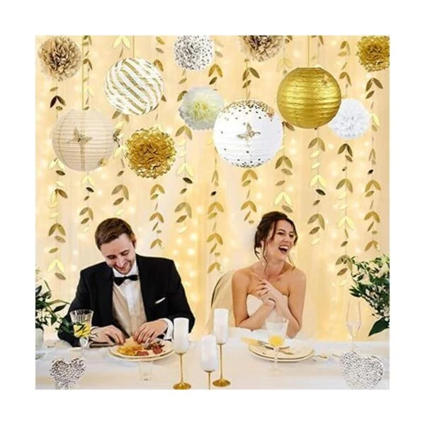 Kit de decoración de fiesta blanco y dorado faroles_6