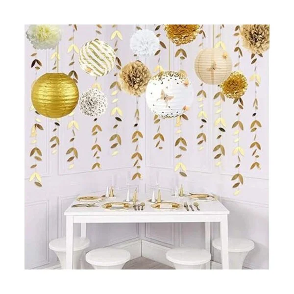 Kit de decoración de fiesta blanco y dorado faroles_4
