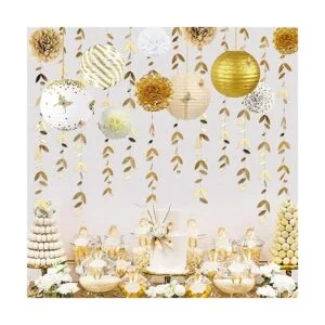 Kit de decoración de fiesta blanco y dorado faroles_5