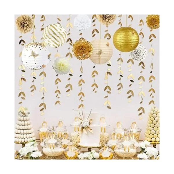 Kit de decoración de fiesta blanco y dorado faroles_5