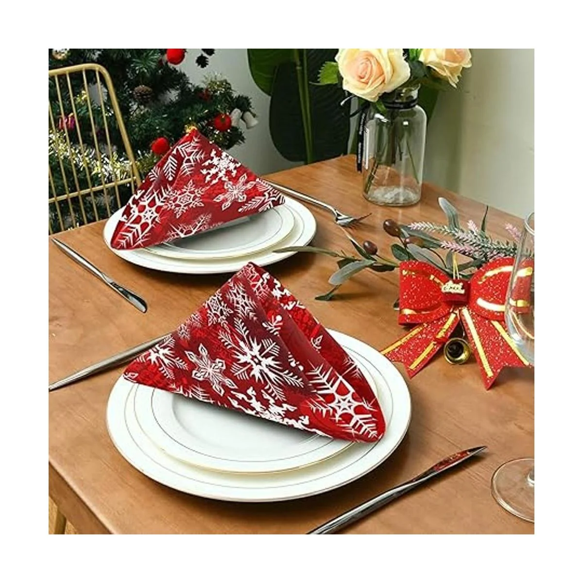 Servilletas de tela de Navidad con patrón rojo de Navidad_4