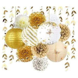 Kit de decoración de fiesta blanco y dorado faroles_1