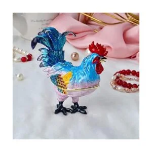 Figura de gallo azul pequeña caja de joyería chapada en_6