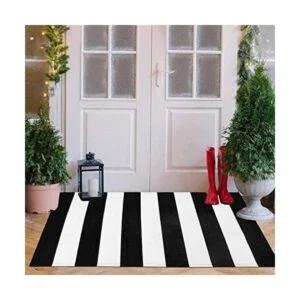 LEEVAN Alfombra de pasillo a rayas blancas y negras 2.3 x_1