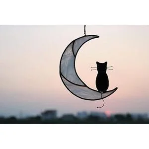HAOSUM Adorno colgante de vitral de gato negro sobre luna_2