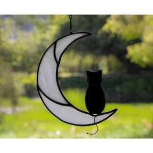 HAOSUM Adorno colgante de vitral de gato negro sobre luna_3