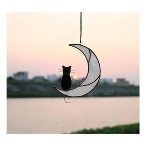 HAOSUM Adorno colgante de vitral de gato negro sobre luna_4