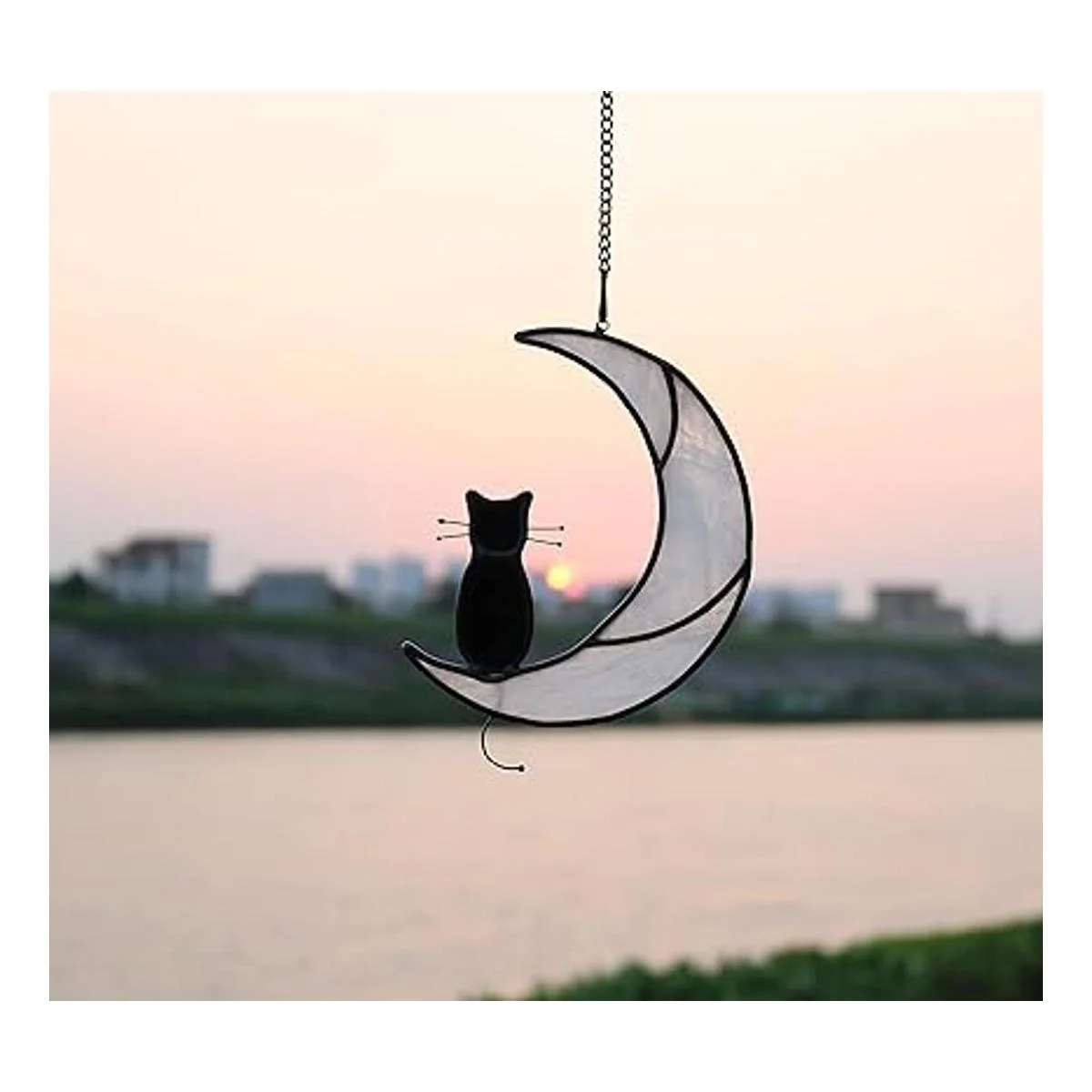 HAOSUM Adorno colgante de vitral de gato negro sobre luna_4