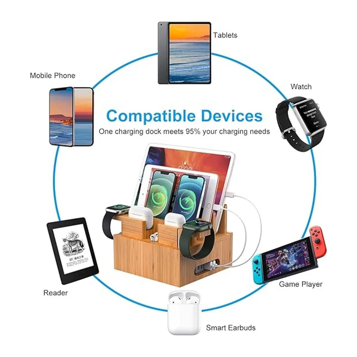 Organizador de estación de carga de bambú para múltiples_3