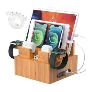 Organizador de estación de carga de bambú para múltiples_1