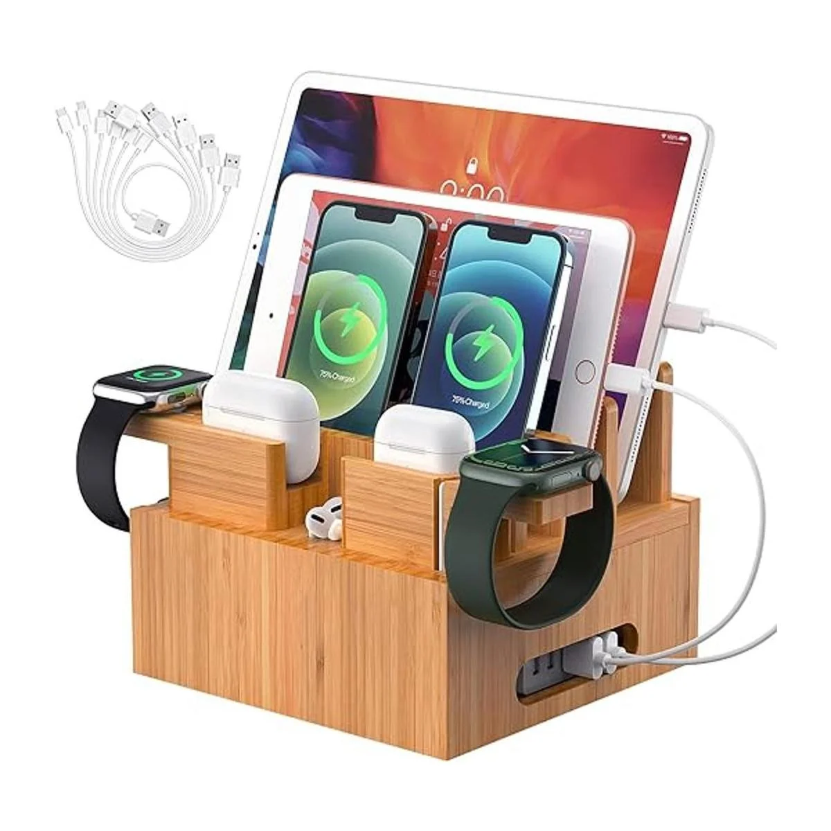 Organizador de estación de carga de bambú para múltiples_1