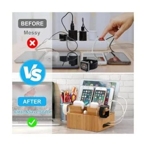 Organizador de estación de carga de bambú para múltiples_5