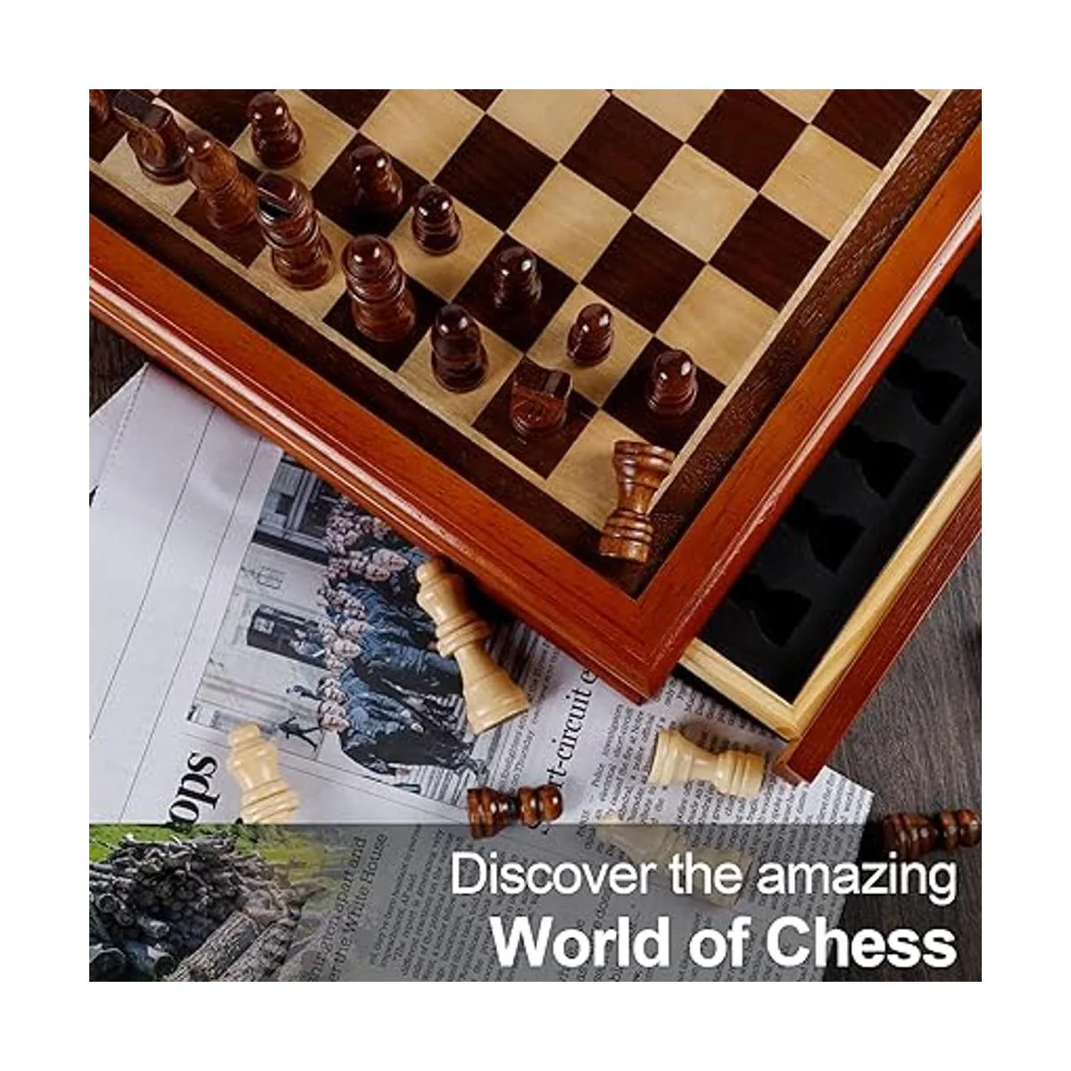Juegoal Juego de ajedrez y damas de madera con cajón de_6