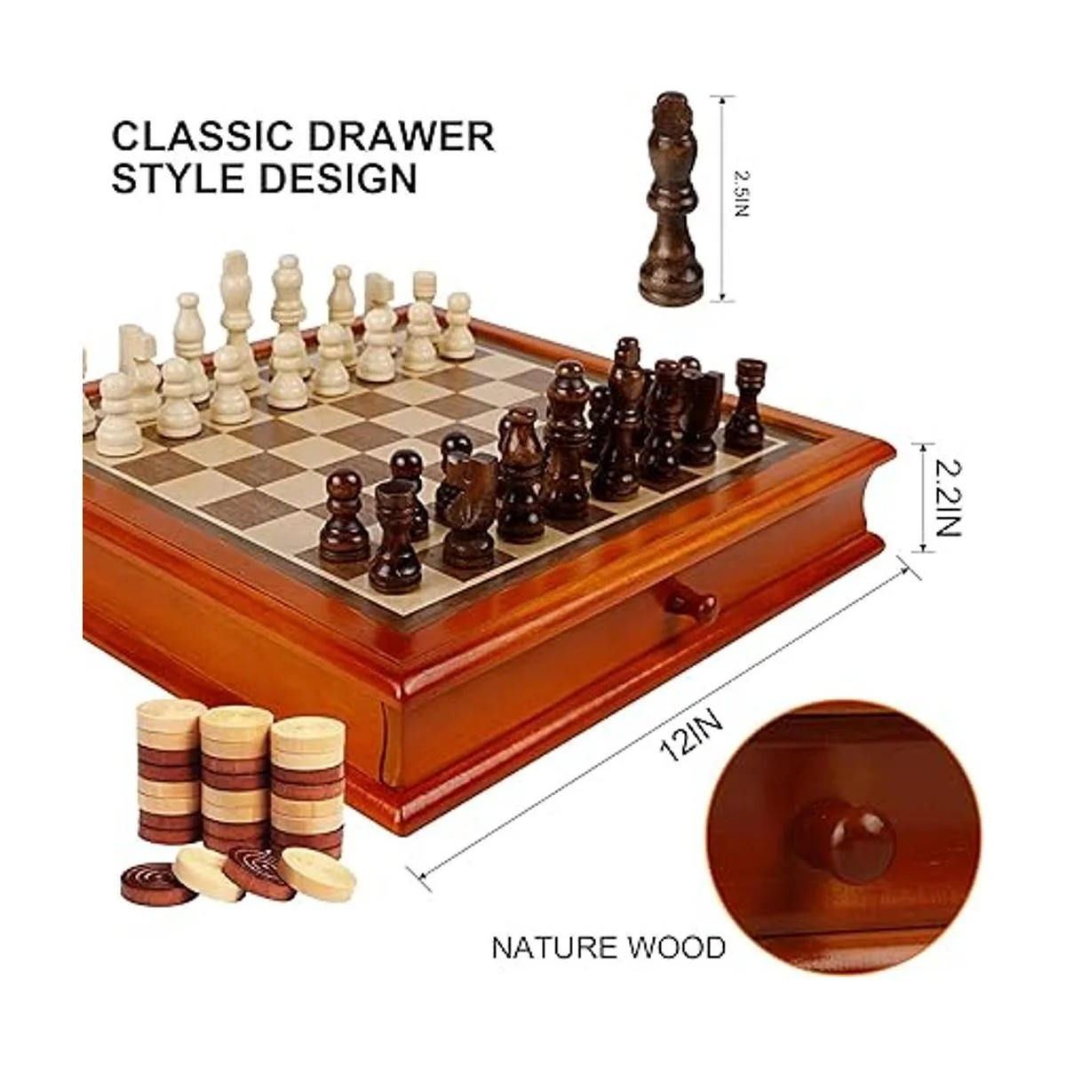 Juegoal Juego de ajedrez y damas de madera con cajón de_2