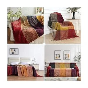 Manta bohemia con borlas de jacquard de felpilla para_4