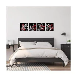 4 piezas de lienzo de flores rojas en blanco y negro_4