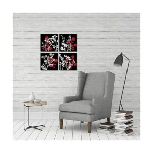 4 piezas de lienzo de flores rojas en blanco y negro_3