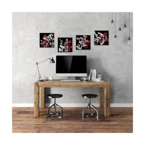 4 piezas de lienzo de flores rojas en blanco y negro_2