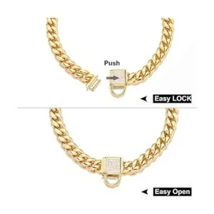 Collar de cadena para perro dorado con hebilla segura con_6