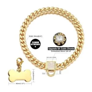 Collar de cadena para perro dorado con hebilla segura con_3